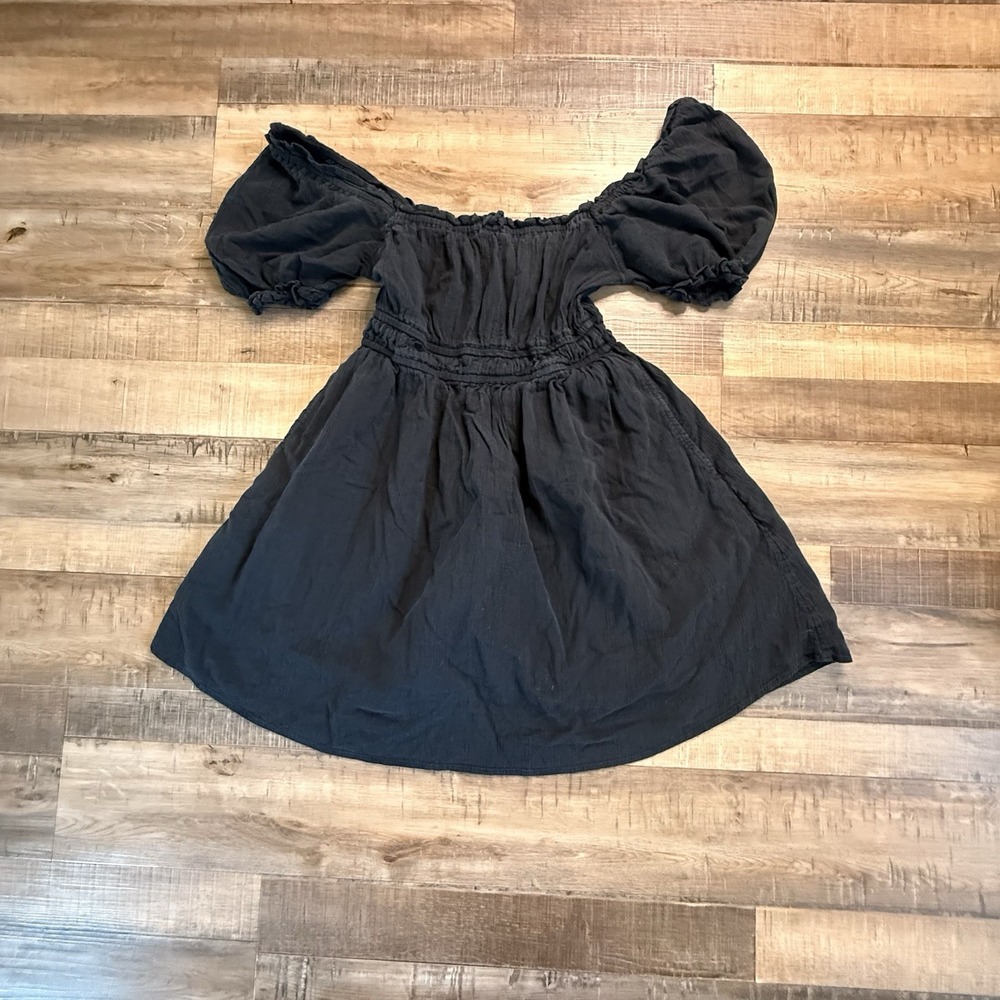 AERIE puff Sleeve Baby Doll Dress Black Sz S Pockets Elastic Waist Cottage